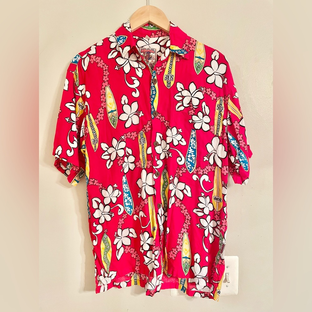 Uluwatu Bali Island Men's Red Floral Surfboard Casual  Shirt Size Medium- EUC